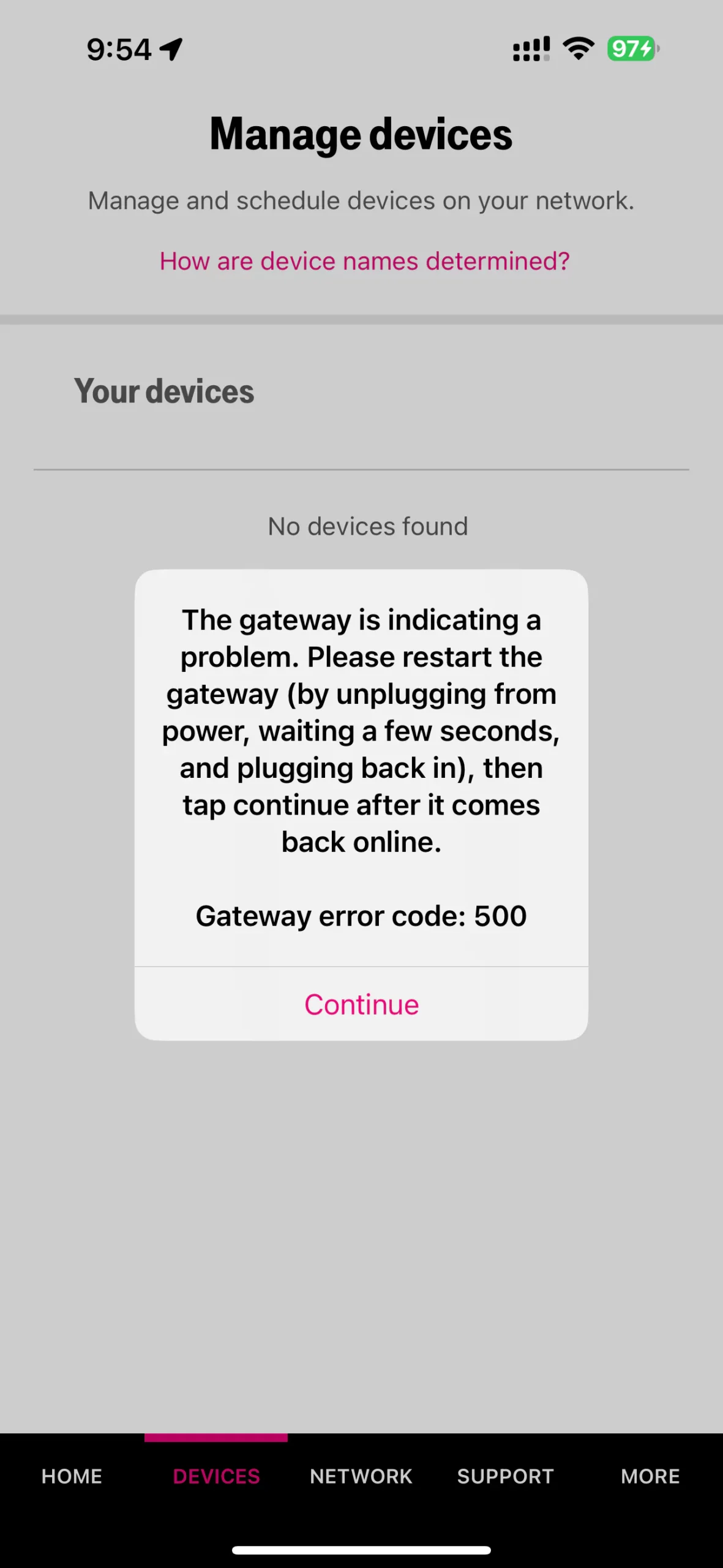 screenshot of tmobile error of Can't Send Message Error 500