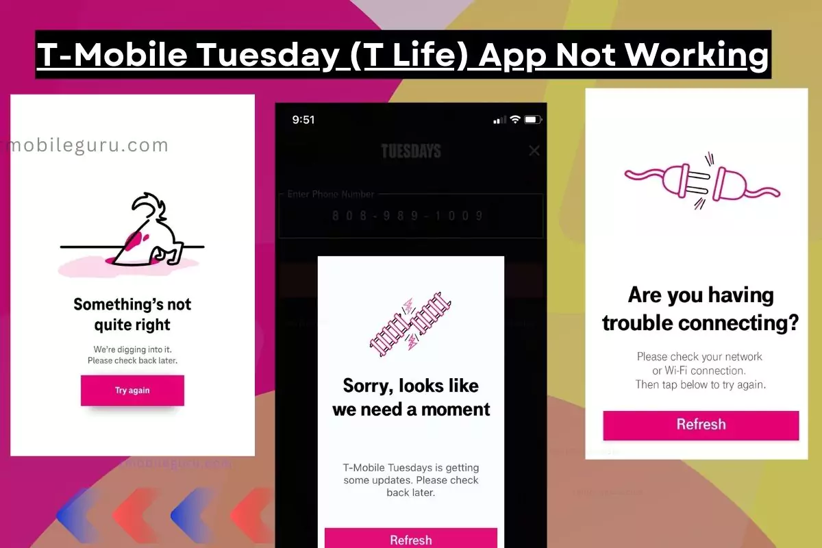 all screenshots of tmobile tuesday or t life app not working or issues with same overlay text