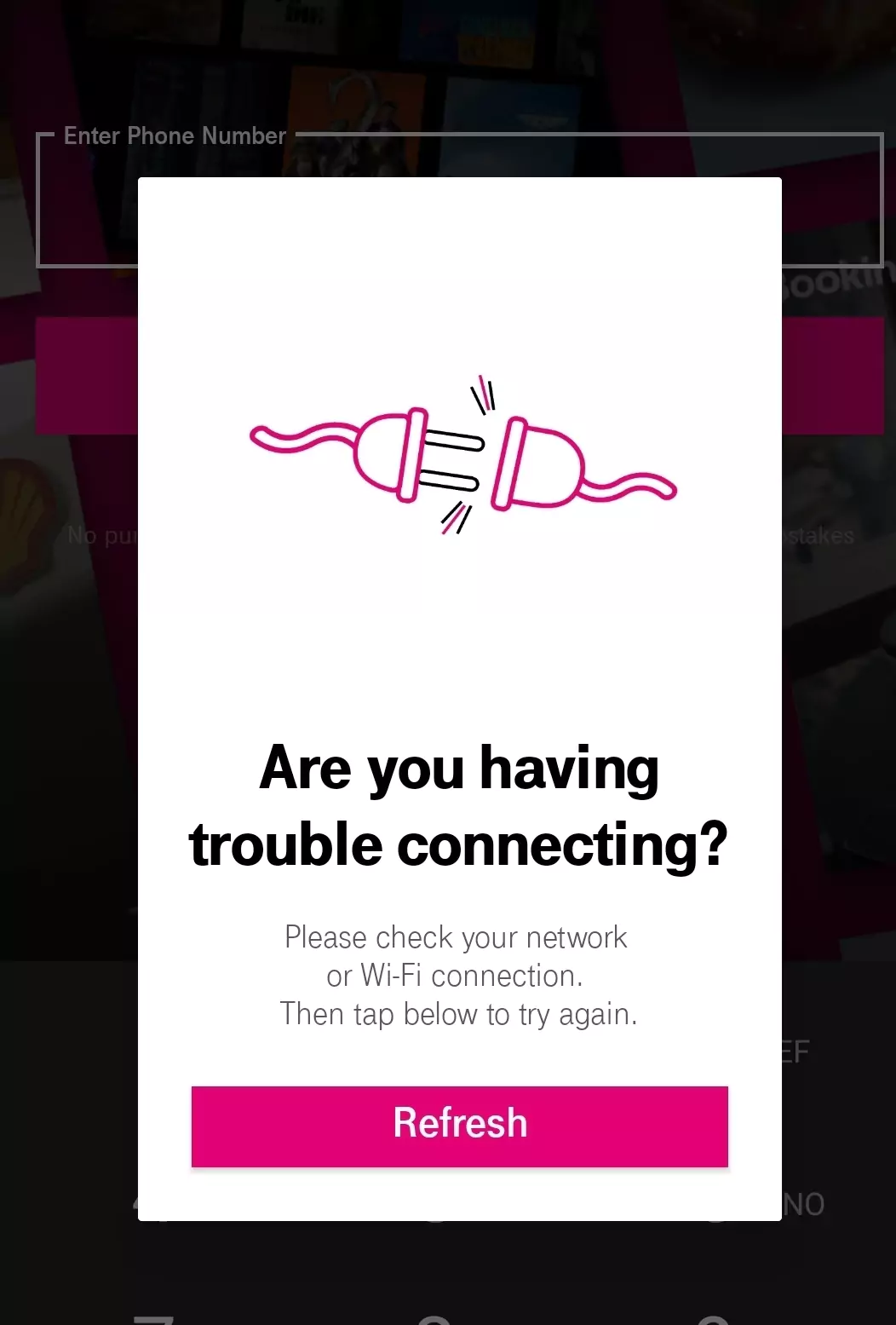 screenshot of connection issue with tmobile tuesday and t life app
