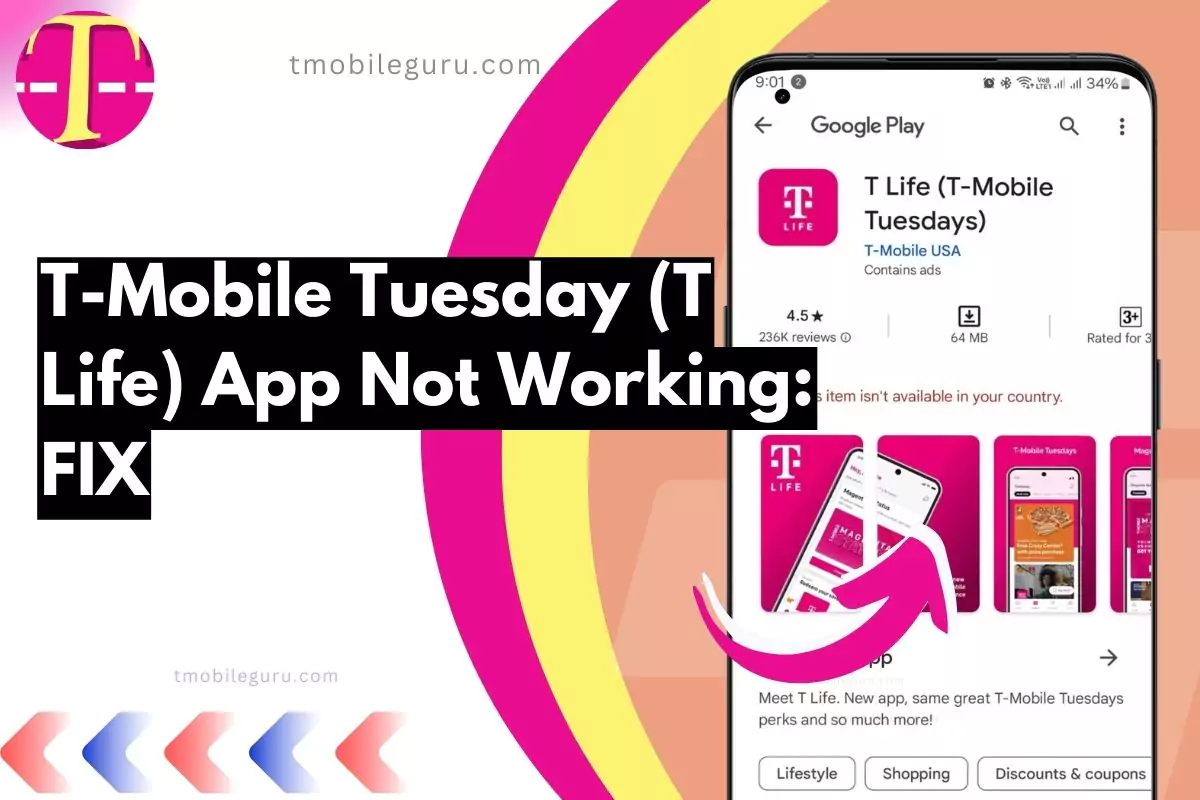 screenshot of t life or tmobile tuesday app with overlay text app not working